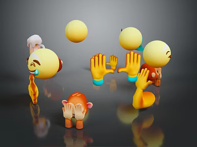 Various Yellow Orange Cartoon Emoji Plush Toys With Hand Gestures Covering Face And Teary Looks 3d model