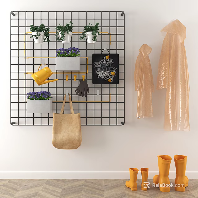 Black Grid Wall Cabinet With Green Plants Purple Flowers And Yellow Watering Can 3d model 