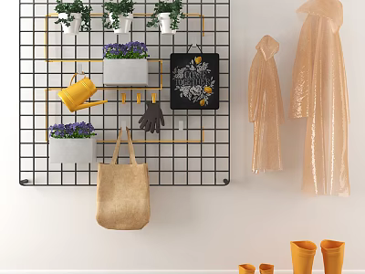 Black Grid Wall Cabinet With Green Plants Purple Flowers And Yellow Watering Can 3d model