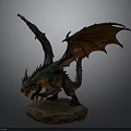 Mythical Dragon Sculpture With Green Orange Scales And Open Wings On Stone Base