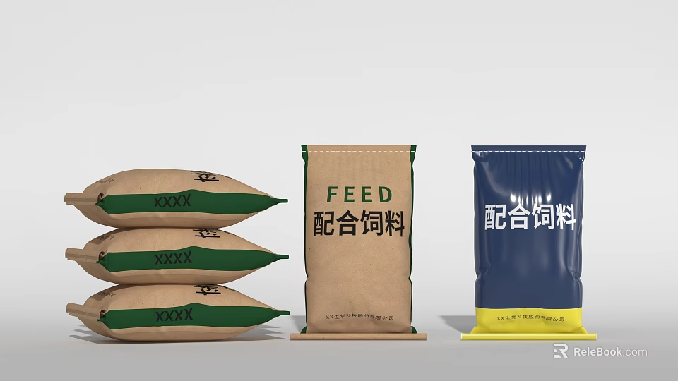 Compound Feed Bags In Brown Blue And Green Packaging For Animal Nutrition 3d model 