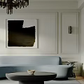 Elegant Modern Living Room Interior Design With Chandelier Blue Sofa Round Coffee Table And Fireplace