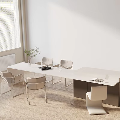Modern Minimalist Dining Table Set With White Tabletop Light Gray Chairs Metal Legs And Potted Plant 3d model