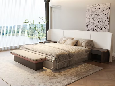 Elegant Bedroom Interior Featuring Large Bed Soft Headboard Area Rug And Scenic View 3d model