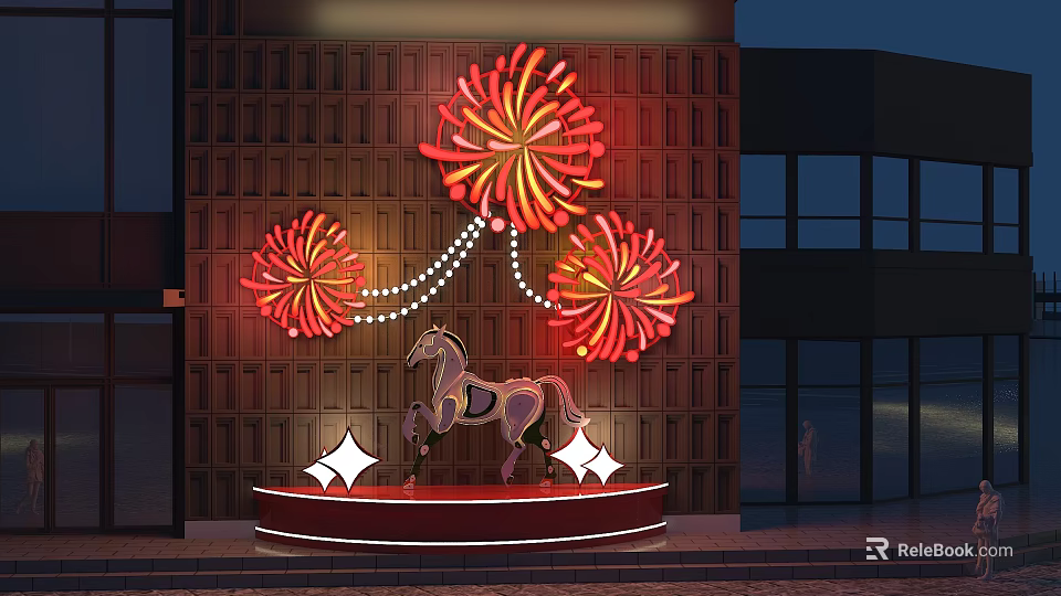 Garden Ornament With Red Firework Shaped Decorations White String Lights Horse Sculpture And Brick Wall 3d model 