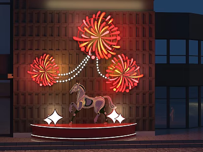 Garden Ornament With Red Firework Shaped Decorations White String Lights Horse Sculpture And Brick Wall 3d model