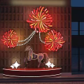Garden Ornament With Red Firework Shaped Decorations White String Lights Horse Sculpture And Brick Wall