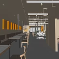 Modern Style Restaurant With Open Layout Orange Decor Long Tables And Bright Lighting 3d model