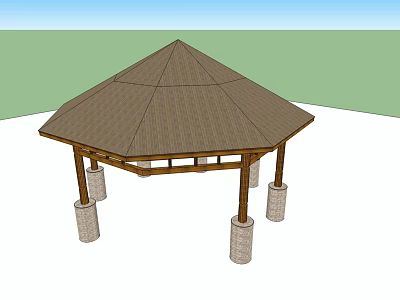 Outdoor Octagonal Gazebo Structure With Brown Roof And Stone Support Pillars 3d model
