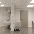 Commercial Kitchen Interior With Tiled Walls Stainless Steel Workbenches And Storage Cabinets