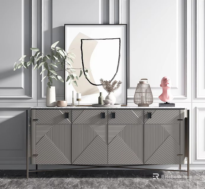 Modern Entryway Sideboard Cabinet With Geometric Pattern Framed Artwork And Green Plant 3d model