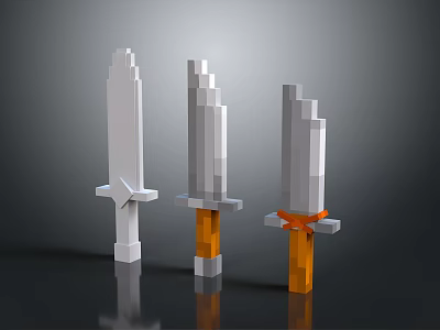 Three Pixel Style Swords Featuring Different Colored Hilts White Gray Blades on Gradient Reflective Background 3d model