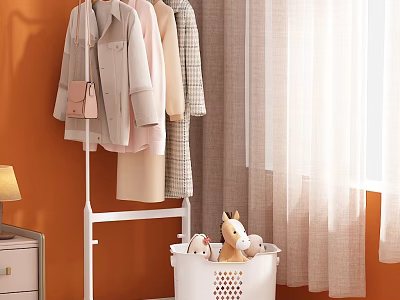 White Clothes Rack with Hanging Coats Dresses near Laundry Basket Stuffed Toys Orange Wall Curtain 3d model