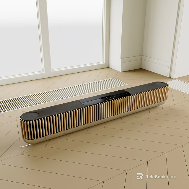 Sleek Black and Gold Soundbar with Striped Design on Light Wooden Floor and White Walls 3d model 