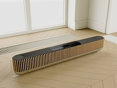 Sleek Black and Gold Soundbar with Striped Design on Light Wooden Floor and White Walls 3d model