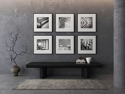 Stylish Black And White Photo Wall With Geometric Prints On Gray Wall And Wooden Bench 3d model