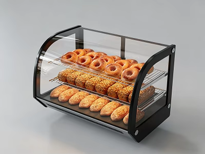 Multi Tiered Bakery Display Case with Donuts Croissants and Sesame Bread 3d model