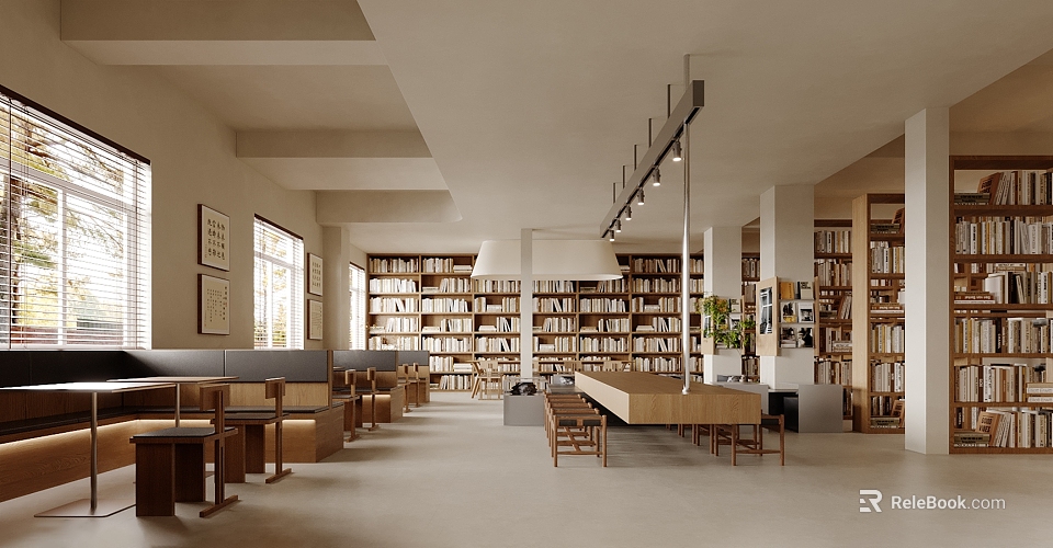 Cozy Modern Café Interior With Wooden Tables Bookshelves And Soft Lighting 3d model 