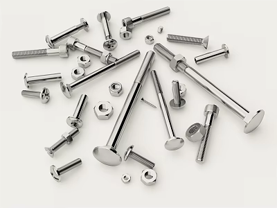 Various Hardware Tools With Silver Metal Bolts Nuts And Screws On White Background 3d model