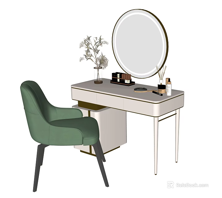 Elegant Modern Dressing Table With Round Mirror Green Chair Cosmetics And Plant 3d model 