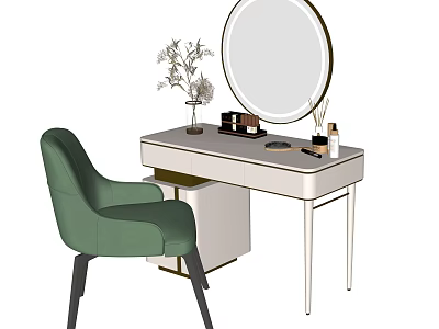 Elegant Modern Dressing Table With Round Mirror Green Chair Cosmetics And Plant 3d model