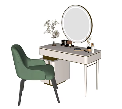 Elegant Modern Dressing Table With Round Mirror Green Chair Cosmetics And Plant 3d model