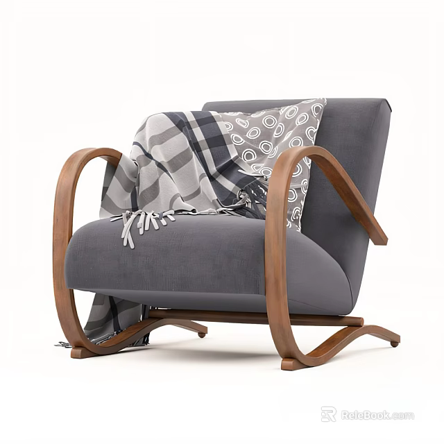Gray Upholstered Leisure Chair With Curved Wooden Arms And Patterned Throw Blanket 3d model 