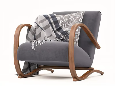 Gray Upholstered Leisure Chair With Curved Wooden Arms And Patterned Throw Blanket 3d model