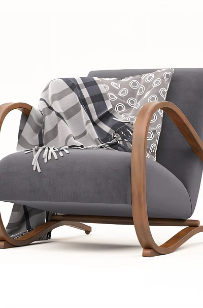 Gray Upholstered Leisure Chair With Curved Wooden Arms And Patterned Throw Blanket 3d model