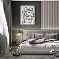 Modern Bedroom With Light Gray Bed Striped Wall Black White Abstract Painting And White Curtains