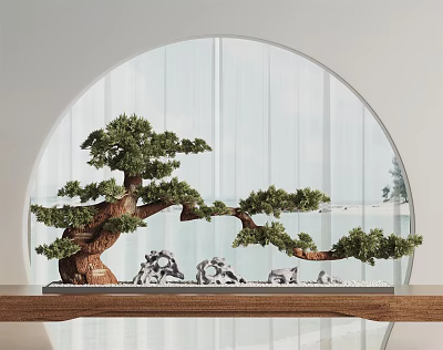 Pine Bonsai With Curved Trunk And Stones On Wooden Shelf Against Circular Window Natural Scenery 3d model