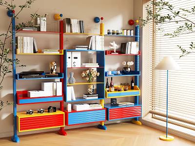 Vibrant Multi tiered Storage Shelving Unit Displaying Books Decorations And Plants In Modern Living Room 3d model