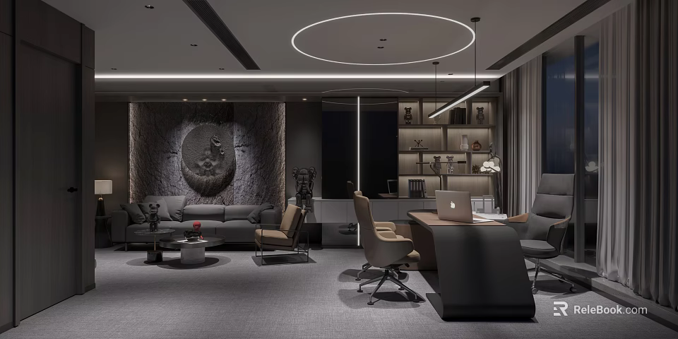 Modern Office Interior With Executive Desk Ergonomic Chair Circular Pendant Light And Decorative Wall 3d model 