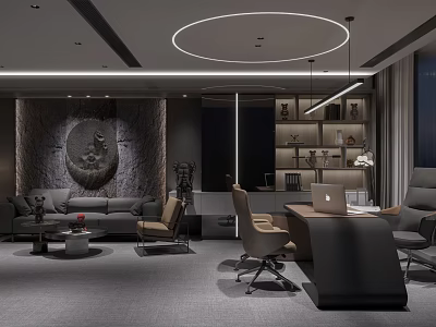 Modern Office Interior With Executive Desk Ergonomic Chair Circular Pendant Light And Decorative Wall 3d model