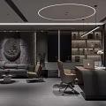 Modern Office Interior With Executive Desk Ergonomic Chair Circular Pendant Light And Decorative Wall