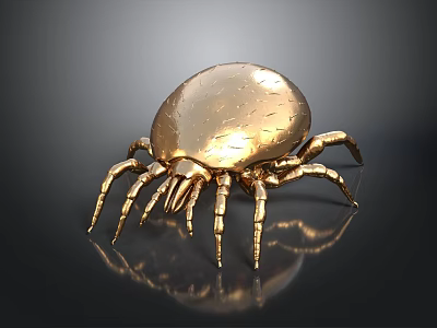 Golden Spider Metallic Sculpture on Black Background with Shiny Reflection 3d model