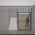 Modern Elevator Hallway With Glass Door Staircase And Professional Woman In Bright Lighting