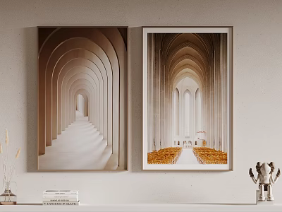 Wall Decor with Two Framed Arch Artworks in Brown and White Tones 3d model