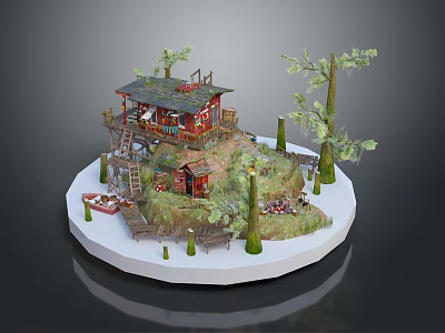 Cartoon Scene With Small Red Cottage Trees Green Lawn Ladder And Decorative Platform Chairs 3d model