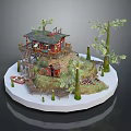 Cartoon Scene With Small Red Cottage Trees Green Lawn Ladder And Decorative Platform Chairs