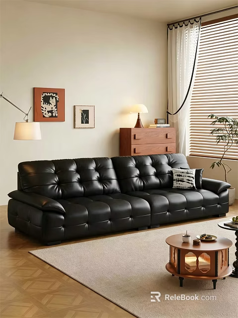Black Leather Sectional Sofa In Living Room With Floor Lamp Side Table And Decorative Art 3d model 