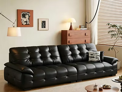 Black Leather Sectional Sofa In Living Room With Floor Lamp Side Table And Decorative Art 3d model