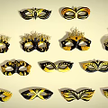 Ornate Black and Gold Venetian Masks With Feather And Pattern Details