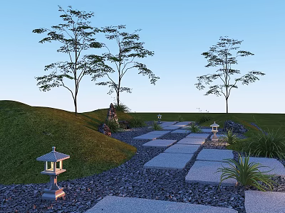 Serene Garden Stepping Stones Path With Grass Trees Gravel And Stone Lanterns 3d model