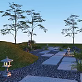 Serene Garden Stepping Stones Path With Grass Trees Gravel And Stone Lanterns