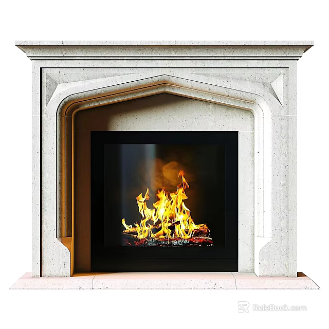 Elegant Fireplace Inspired Wall Decor With Stone Frame And Flames 3d model 