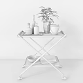 Stylish Gold Frame Serving Cart With Potted Plant Glass Bottles And Magazines