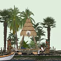 Tropical Landscape Pavilion With Thatched Roof By Pond Among Palm Trees And Lush Greenery