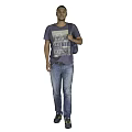 Man Standing In Grey Background Wearing Casual Graphic T-Shirt Blue Jeans And Backpack