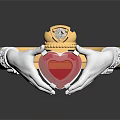 Gold Ring With Two Hands Holding Pink Heart Shaped Gemstone And Diamond Decorations